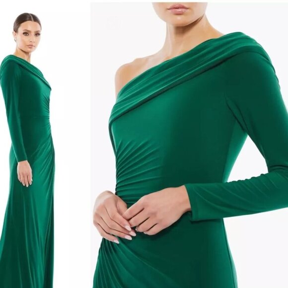 Mac Duggal Emerald Green Foldover Neck One-Shoulder Jersey Gown - Picture 2 of 2